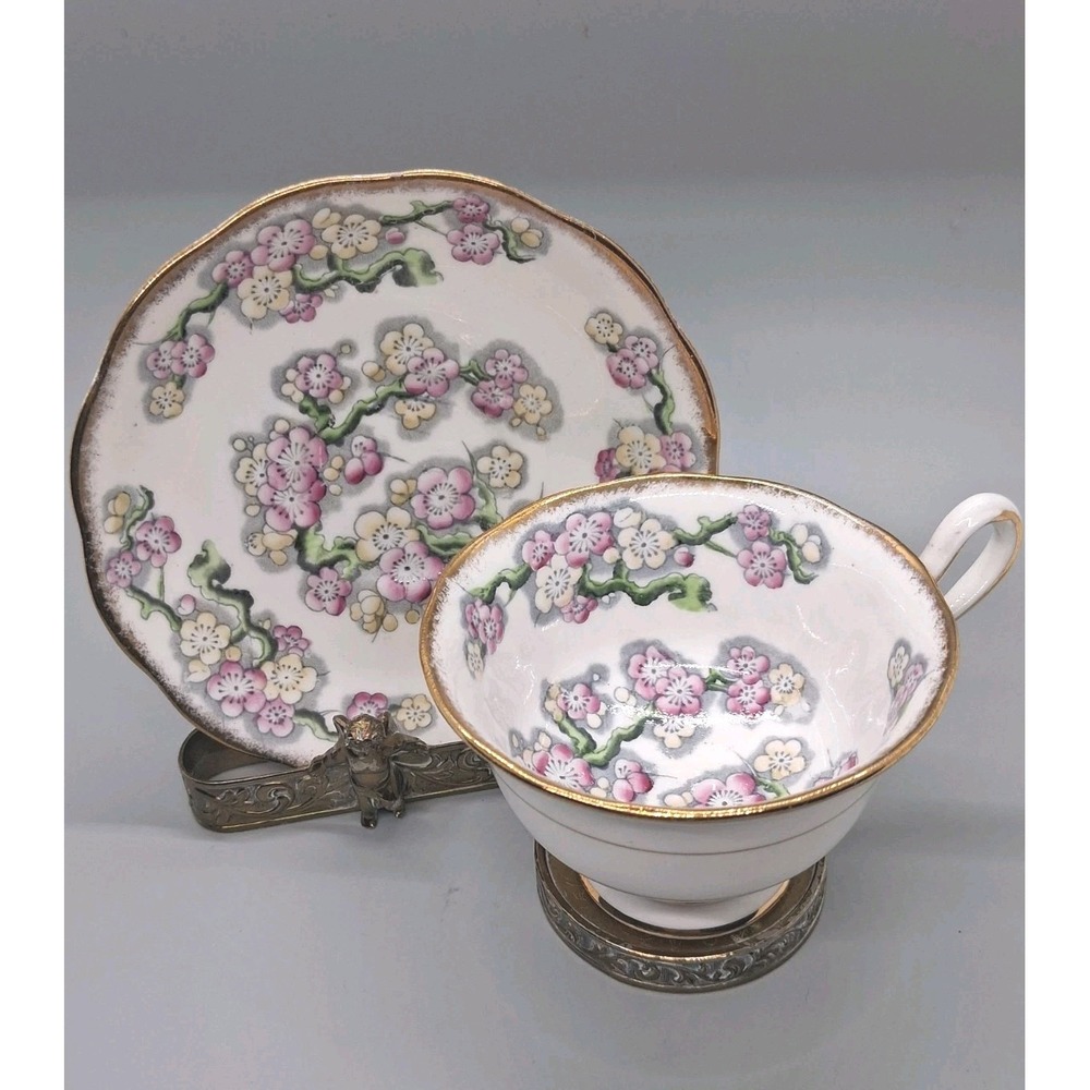 Vtg Royal Albert Pattern #2624 Cup & Saucer w/ Brass Holder Set "May Blossoms"